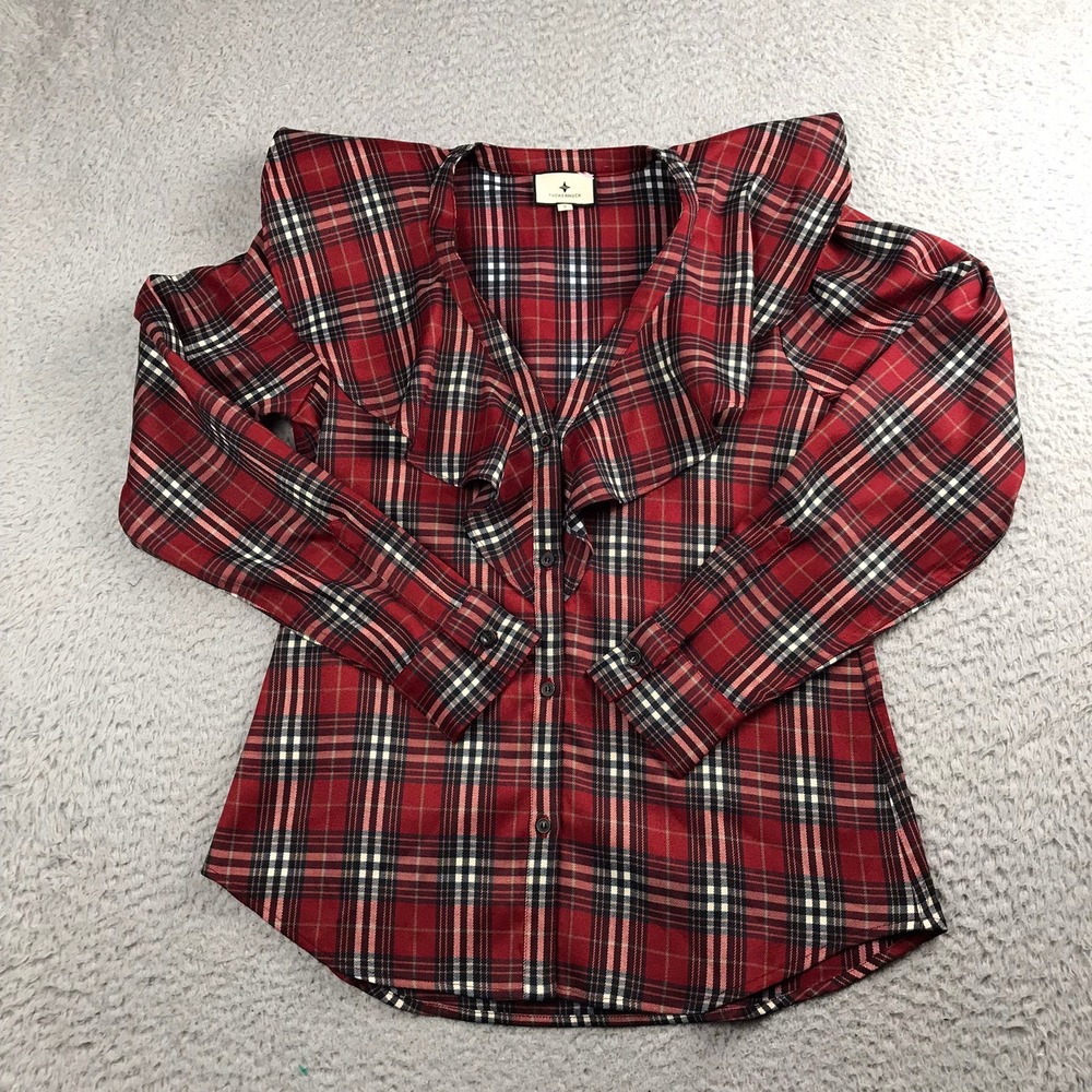 Tuckernuck Button Down Womens S Red Plaid‎ Ruffle Collar Long Sleeve Blouse